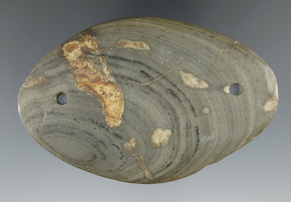 4 1/8" Glacial Kame Oval Gorget made from green and black Banded Slate, found in Ohio.