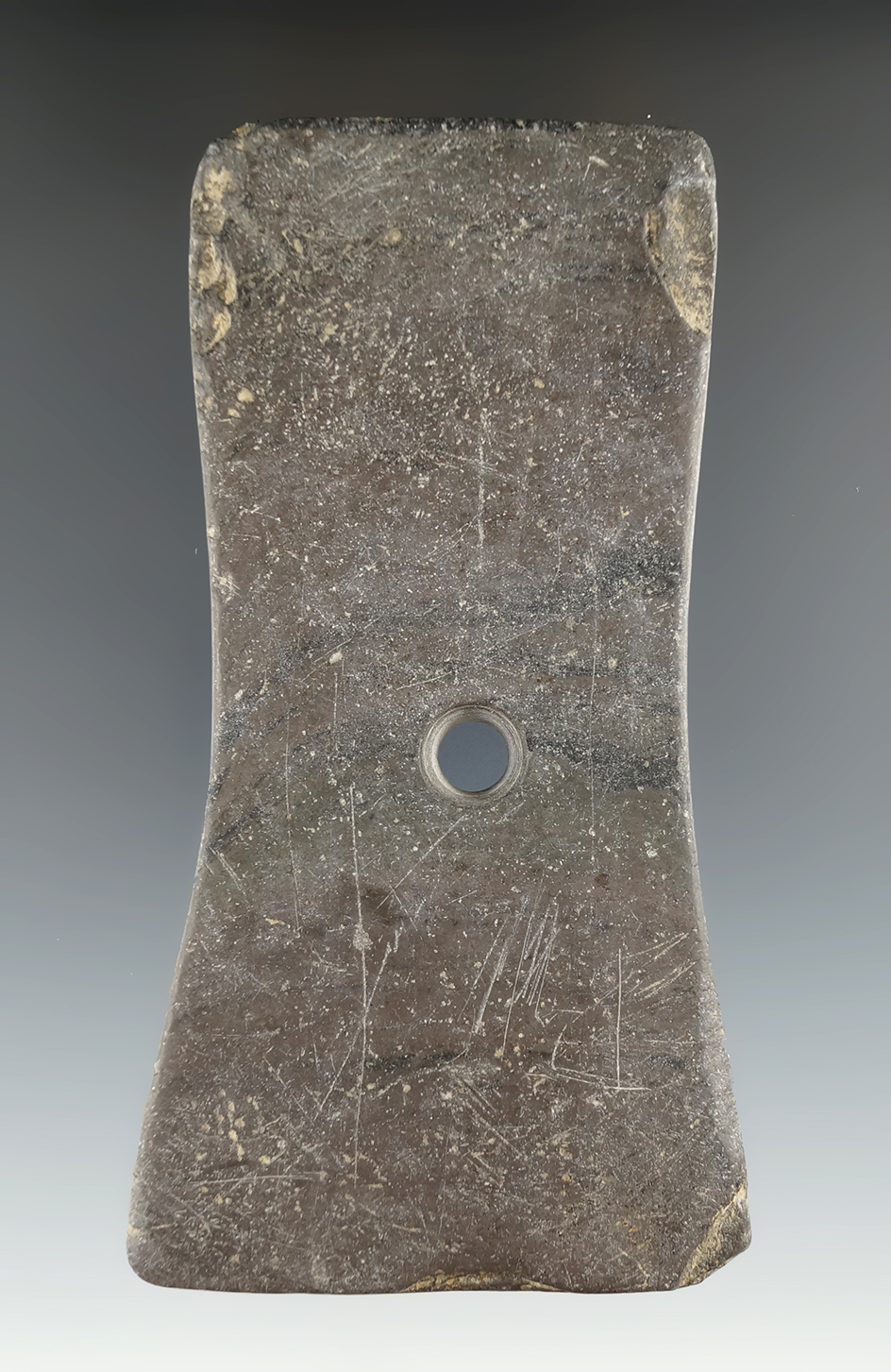 5" Adena Bell Pendant made from red and black Banded Slate, found in Wood Co., Ohio.