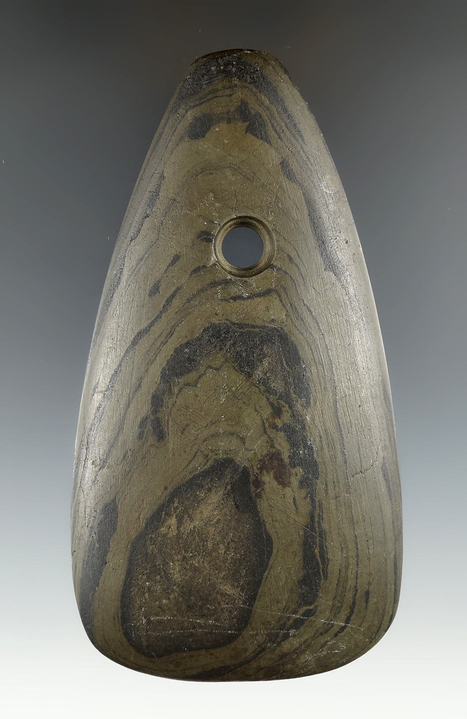 5" Adena Trapezoidal Pendant found prior to 1925 by Clarence Adamson in Licking Co., Ohio.