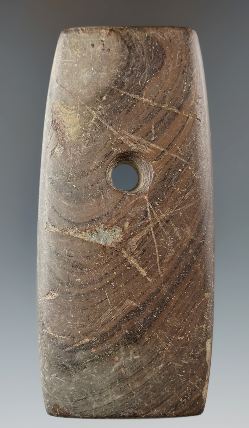 3 7/8" Adena Trapezoidal Pendant made from Banded Slate. Found in Kansas, Ohio.