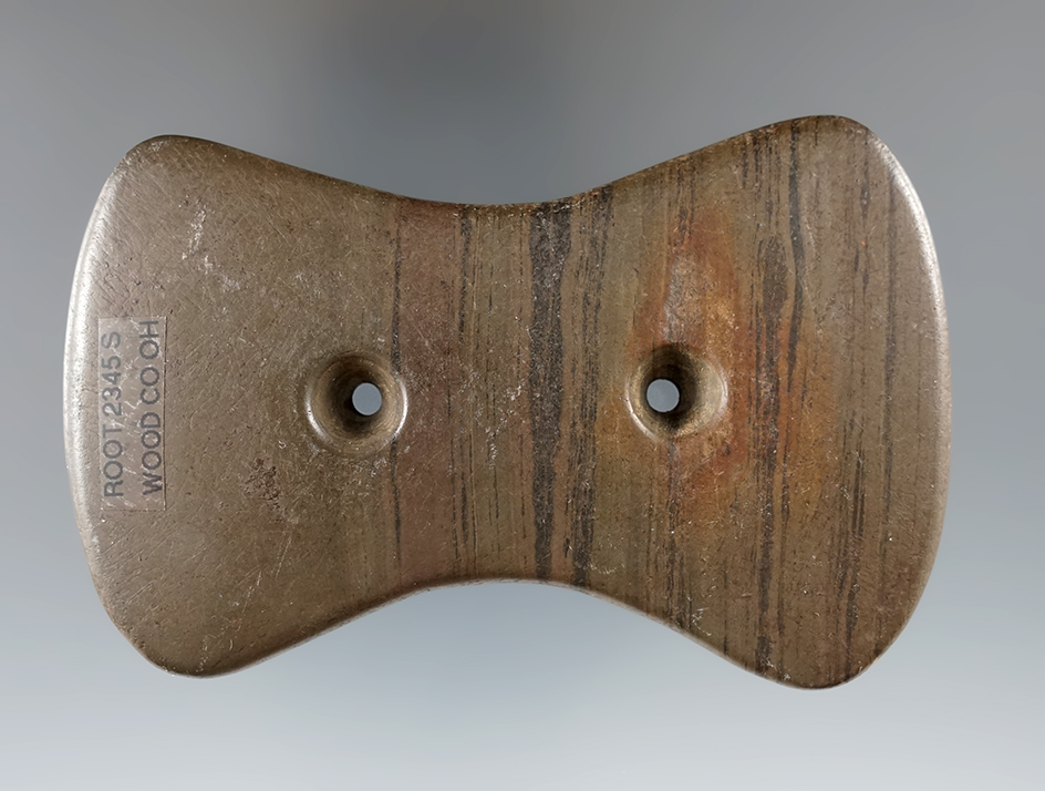 3 9/16" Adena Bi-Concave Gorget found in Perrysburg, Wood Co., Ohio. Ex. Norm Kley