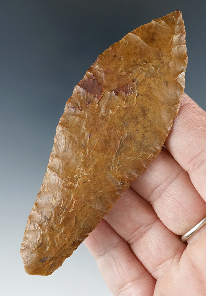 Sale Highlight! Large 3 13/16" Paleo Cougar Mountain - Jasper with excellent flaking. 2 COA's.