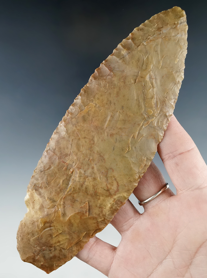 Large 6 5/16" Columbia River Knife made from mottled orange-tan chert. Stermer COA.