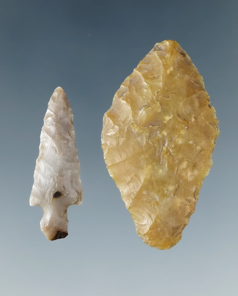 Pair of flaked artifacts including a Dagger and a small 1 5/16" Knife  made from chalcedony.