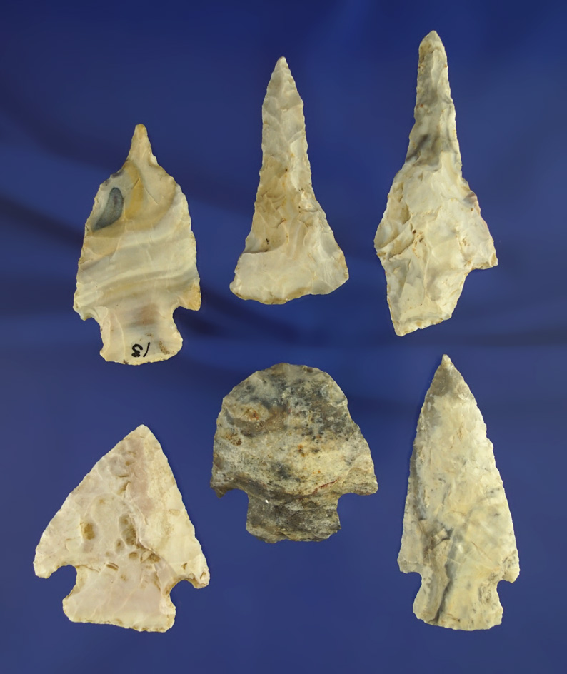 Set of six assorted Missouri arrowheads, largest is 2 1/2".