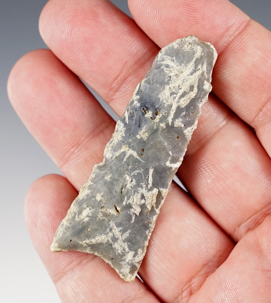2 3/8" Paleo Lanceolate with nicely ground lower edges. Found in the Southestern US. 