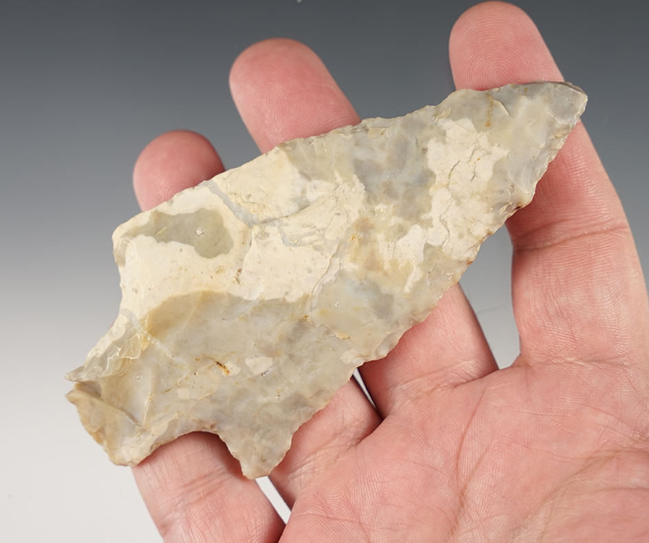 4 3/8" Stemmed Knife found in Coshocton Co., Ohio. Made from patinated Flint Ridge Flint.