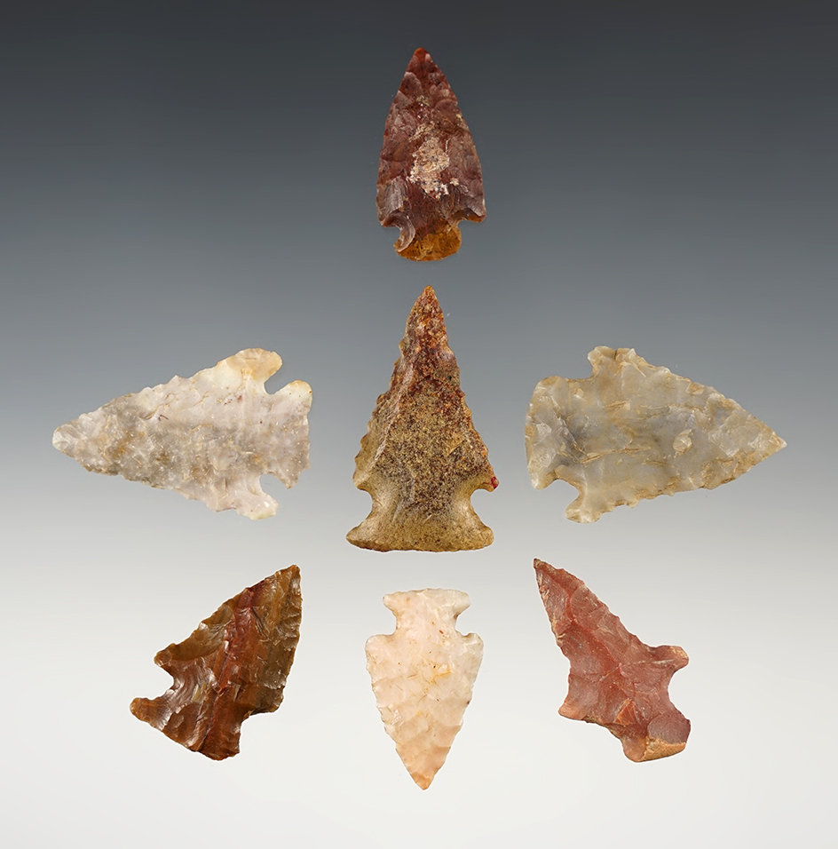 Ex. Museum! Set of 7 assorted points found in various locations. The largest is 1 5/8".