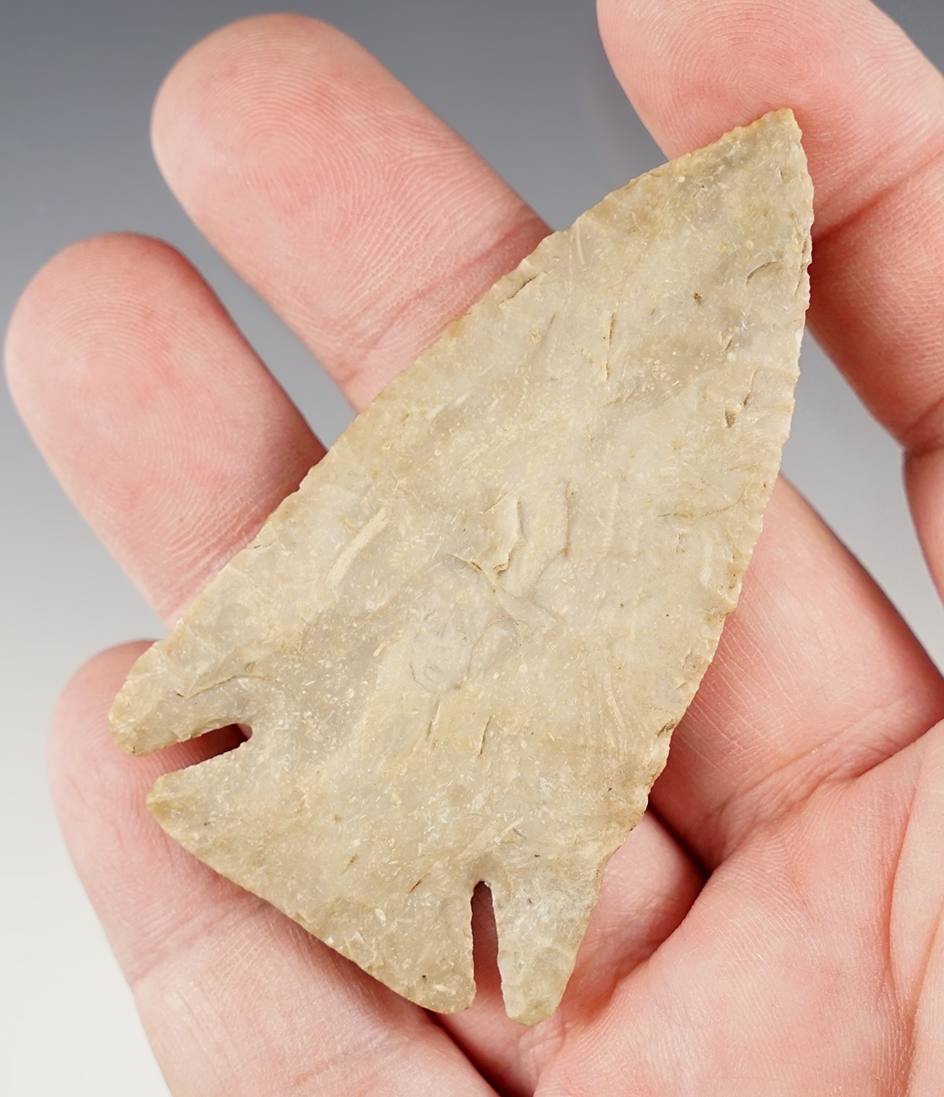 Thin and well flaked 2 13/16" Lost Lake with restoration to one ear.