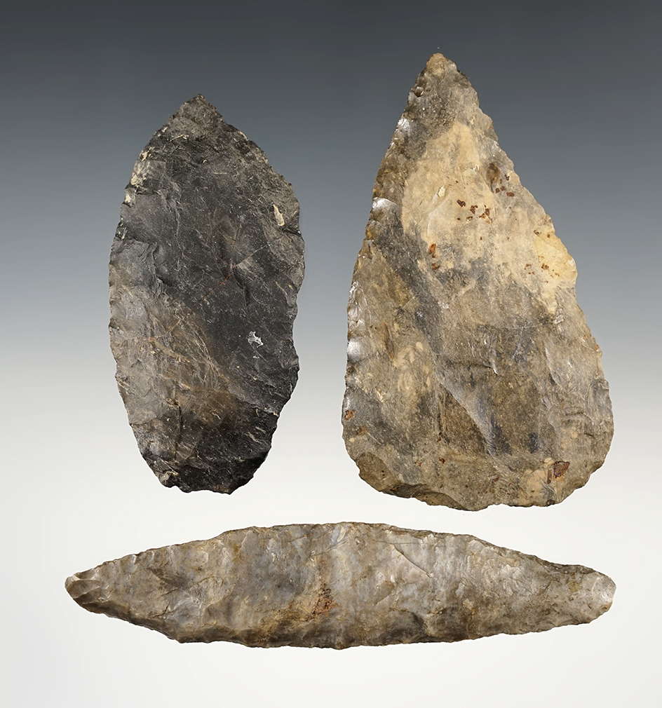 Set of 3 nice Knives found by John Durig in Coshocton Co., Ohio. The largest is 4 5/8".