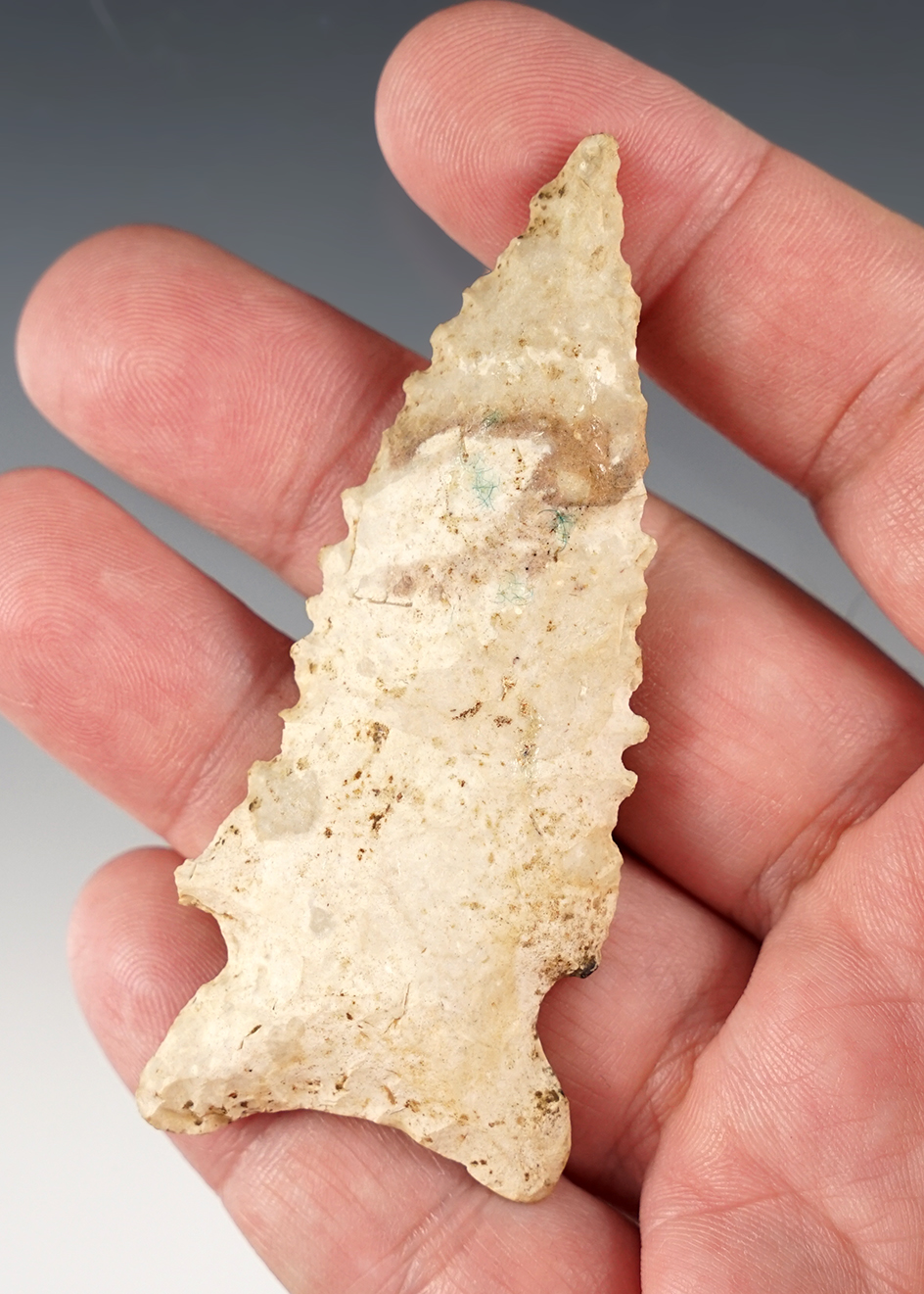 3 1/8" nicely serrated Archaic Cornernotch found in Strasburg, Tuscarawas Co., Ohio. 