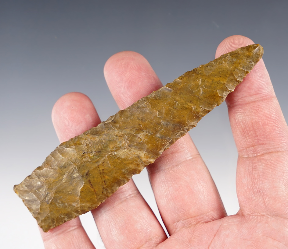 Paleo Stringtown Lance with great flaking. Made of Upper Mercer Flint, Coshocton Co., Ohio.