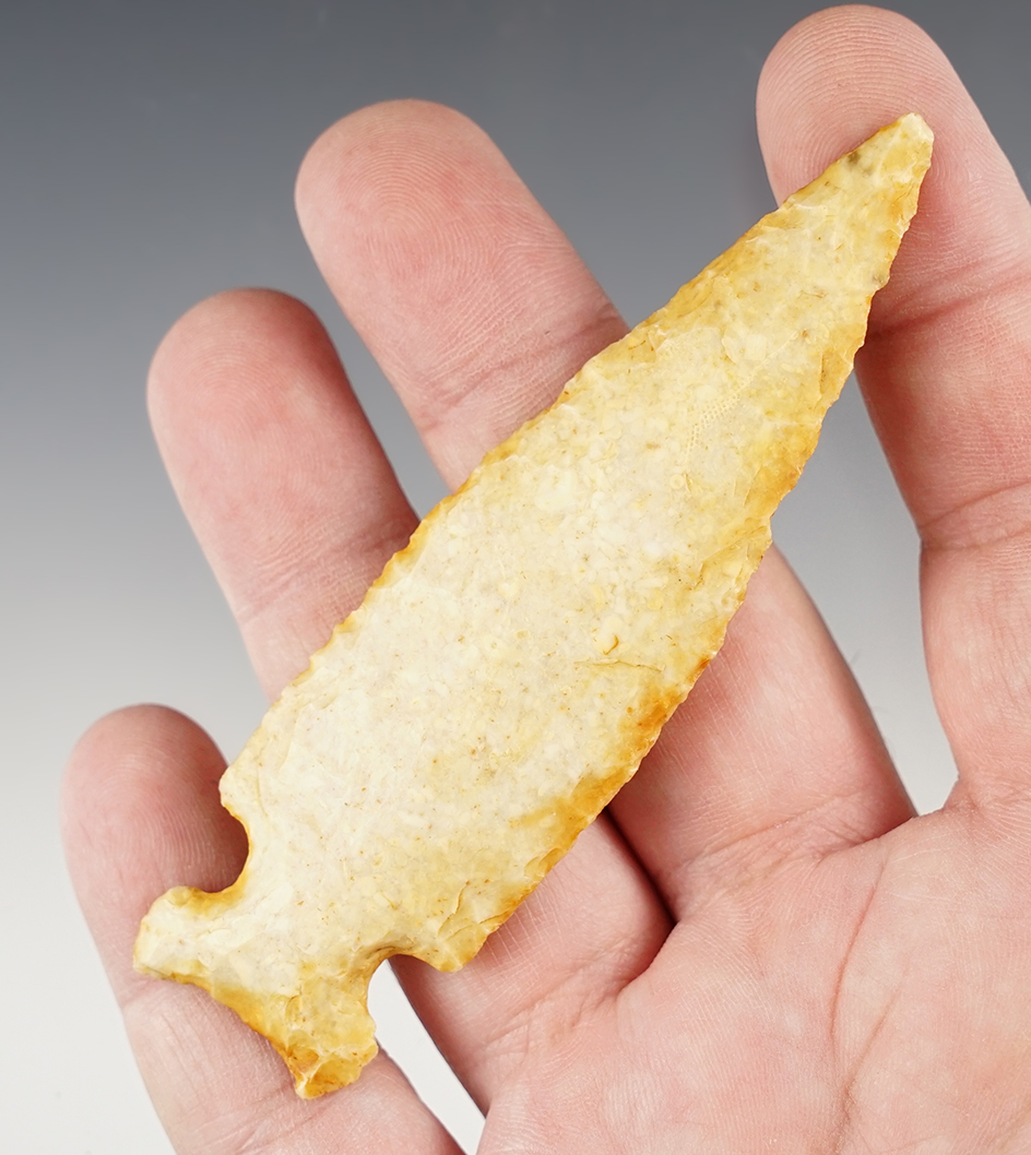 3 7/8" Hemphill made from heavily patinated Burlington Chert. Ex. Steve McCabe. Stermer COA.