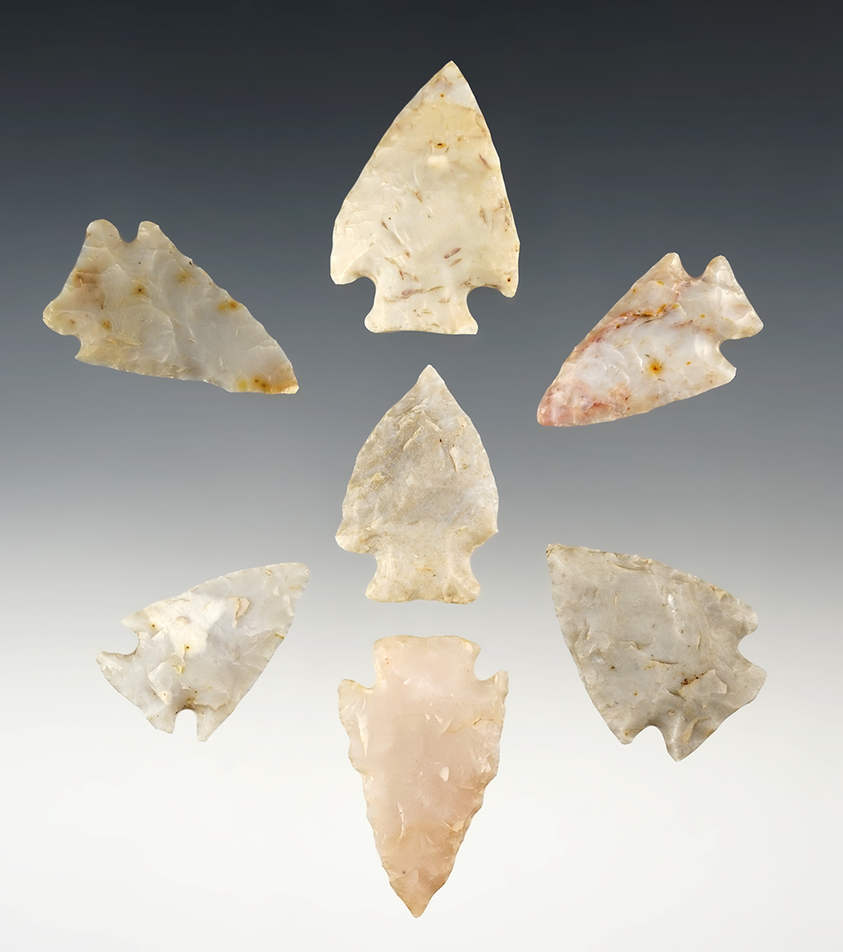 Set of 7 Archaic Cornernotch points found in Ohio. The largest is 1 1/2".
