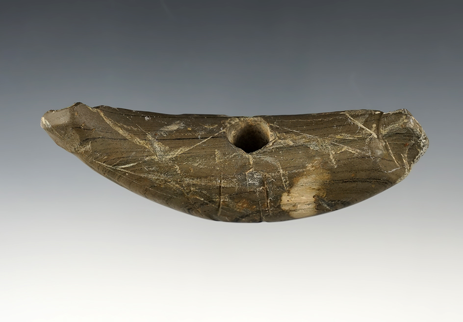 4 3/8" wide Crescent Bannerstone that was anciently salvaged on one end. Found in Ohio. 