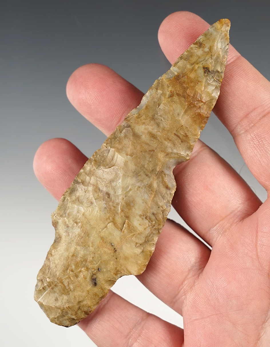 4 5/8" Adena made from patinated Flint. Found in Henry Co., Ohio.