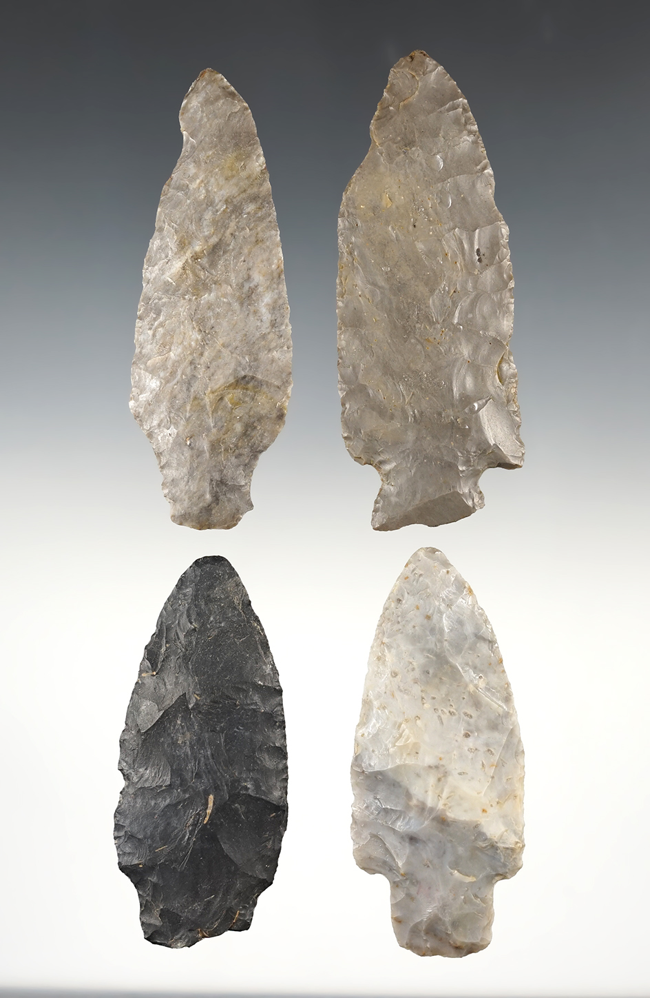 Set of 4 well patinated points found by John Durig in Coshocton Co., Ohio. The largest is 3 7/8".