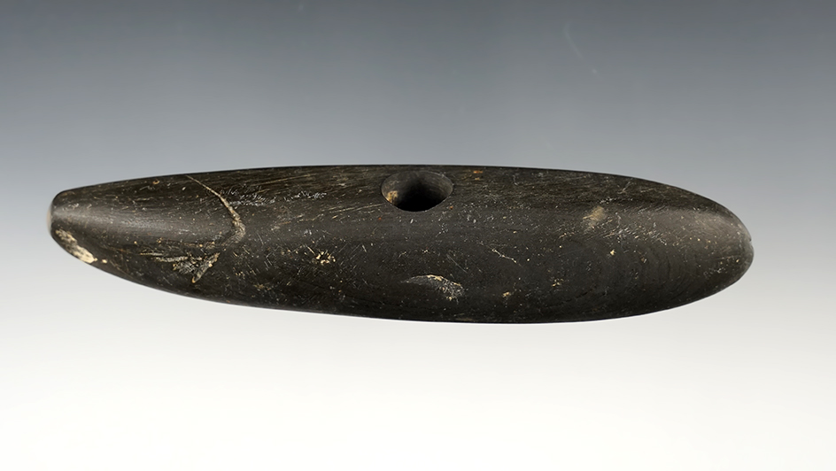 Nicely made 5 3/16" Bannerstone made from black slate. Found in Allen Co., Ohio.