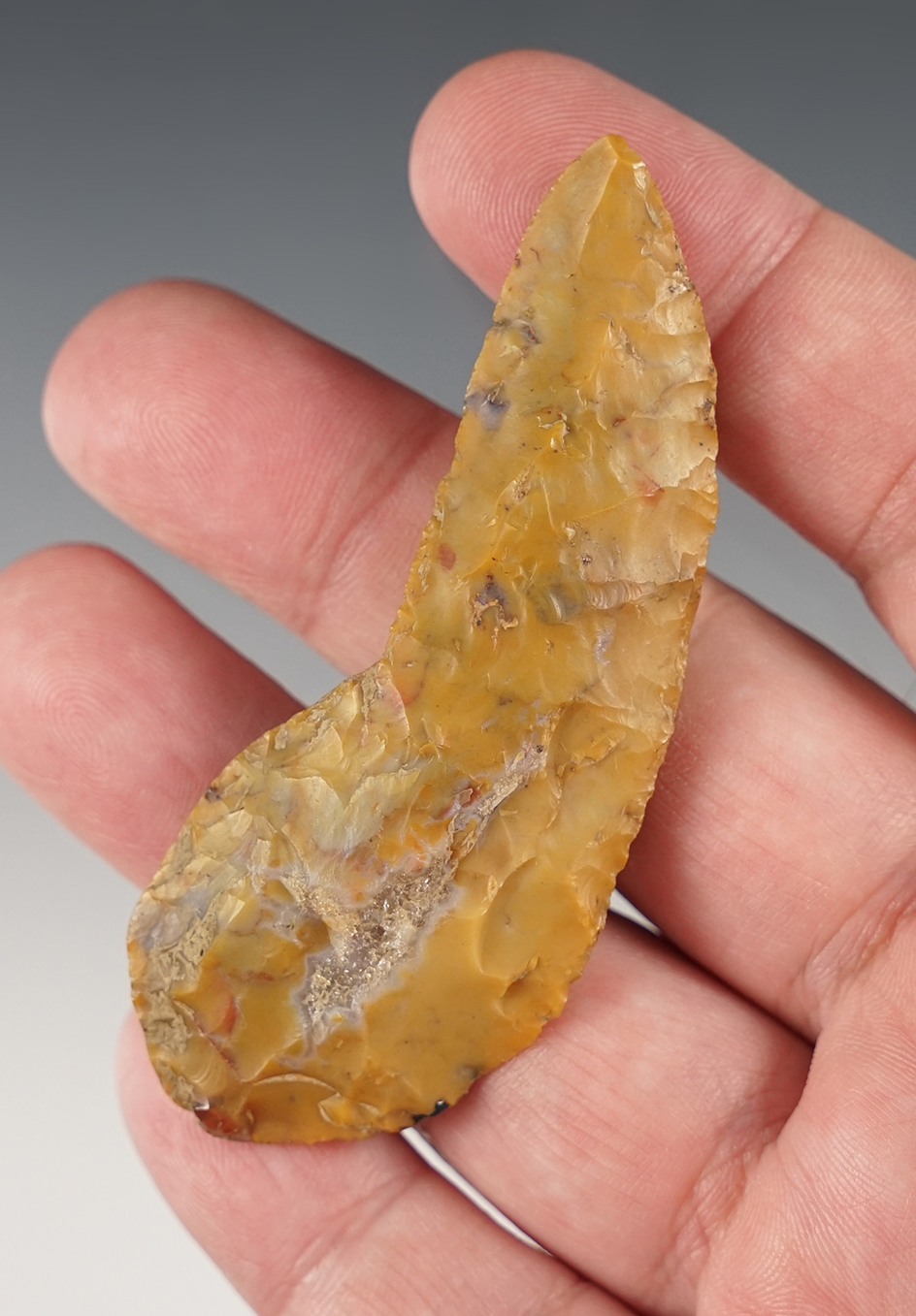 Uniquely styled 3" Knife made from patinated Flint Ridge Flint. Found in Coshocton Co., Ohio
