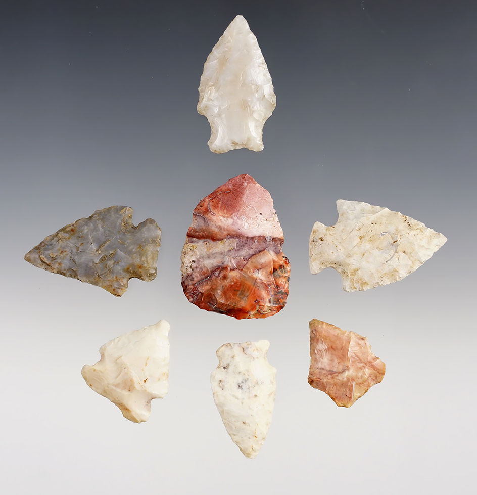 Set of 7 Flint Ridge Flint Birdpoints found around Richland, Knox Co., Ohio. Ex. Hooks.