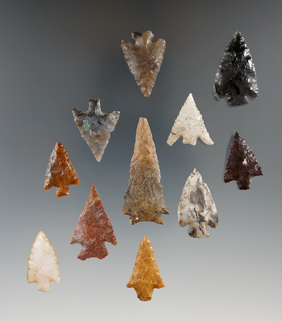 Group of 11 assorted arrowheads Found in Klickitat County Washington, largest is 1 1/4".