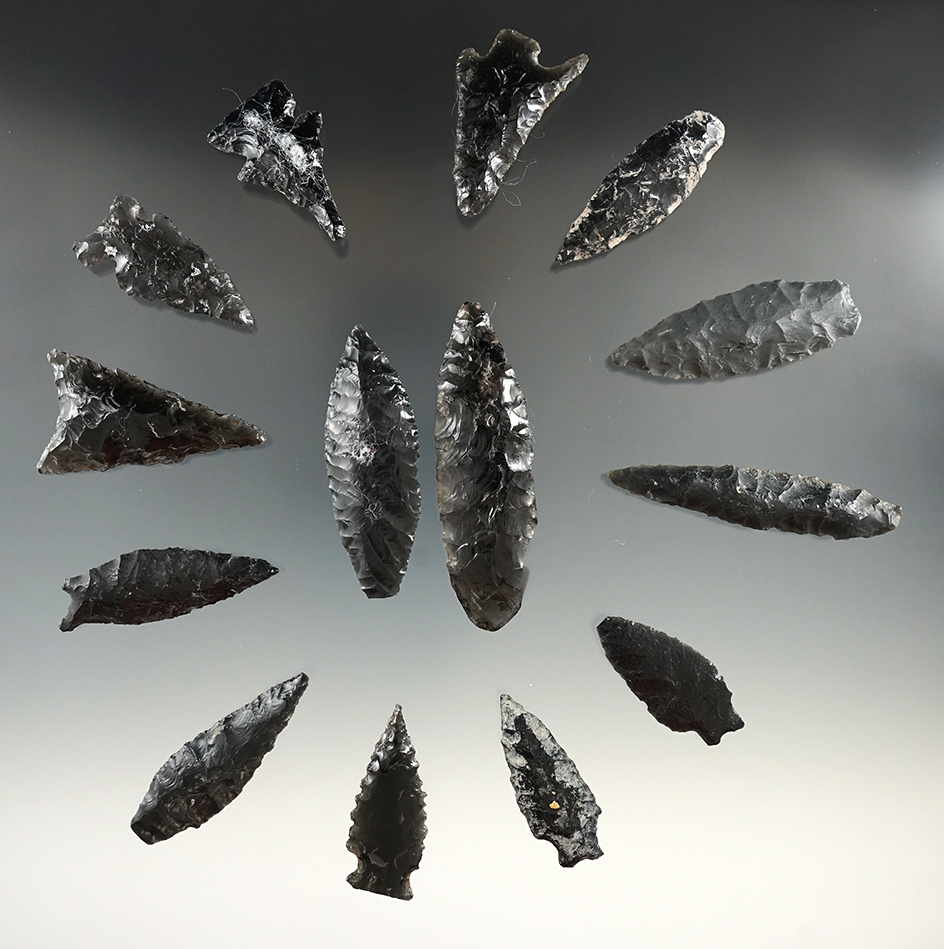 Set of 14 Obsidian artifacts - Largest is 2 5/8".