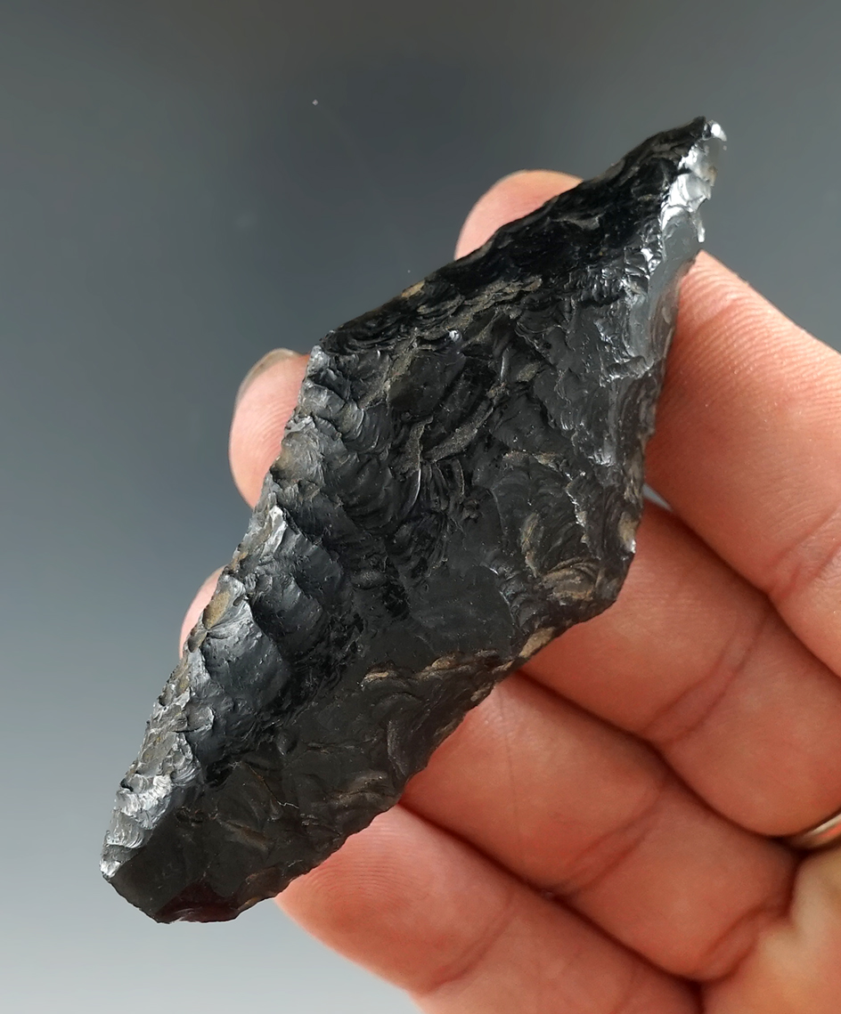 Exceptional! Beautiful flaking on this heavily patinated 2 15/16" Paleo Parman, Lake Co., Oregon.