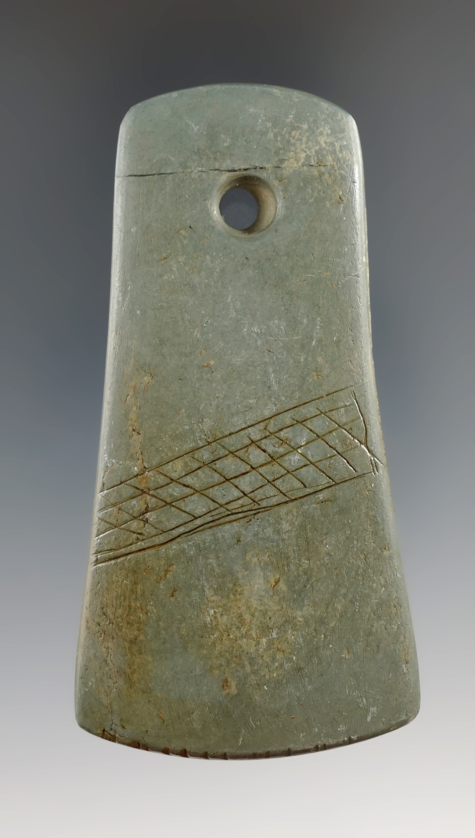 3 3/16" Hopewell Bell Pendant made from green Slate that is engraved and tallied. Medina Co., Ohio.