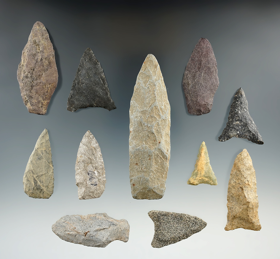 Group of 11 assorted East Coast flaked artifacts, largest is 3 3/8".