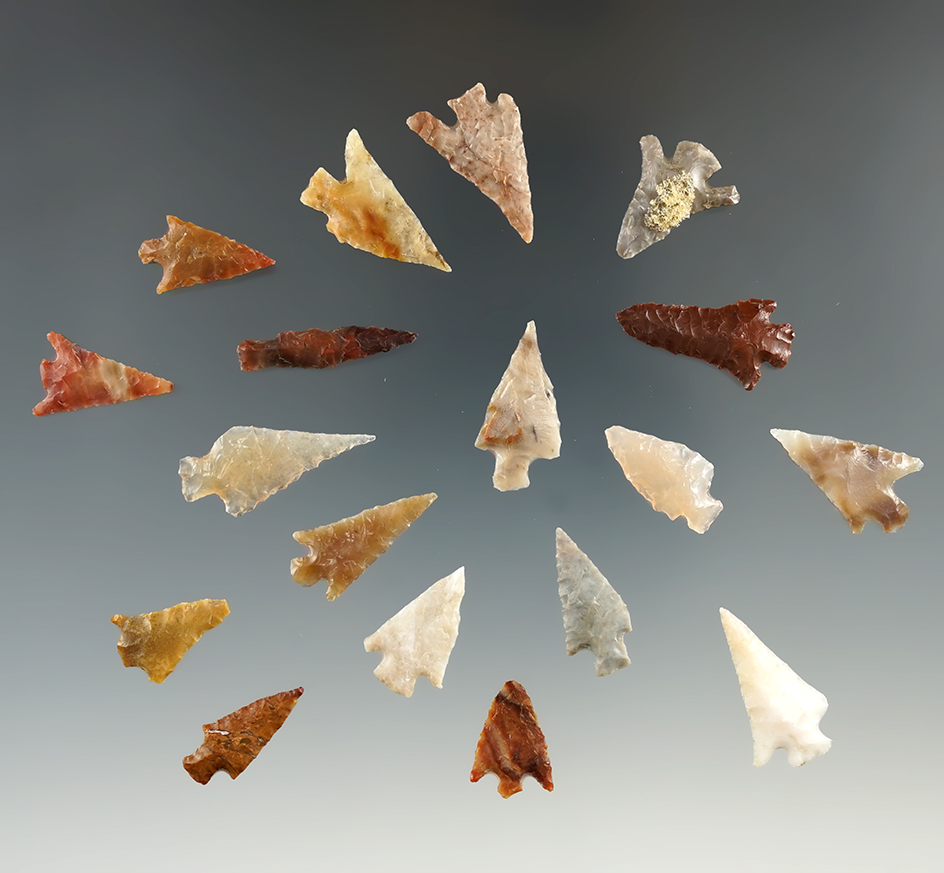group of 18 assorted Columbia River arrowheads, largest is 1".