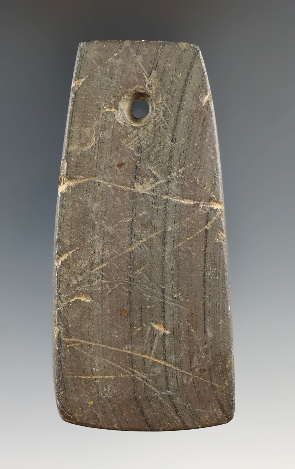 3 5/16" Adena Trapezoidal Pendant made from red and black Banded Slate. Crawford Co., Ohio.