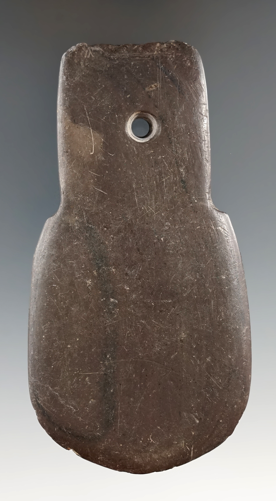 4 1/16" Shovel Pendant made from red and black Banded Slate, found in Medina Co., Ohio.