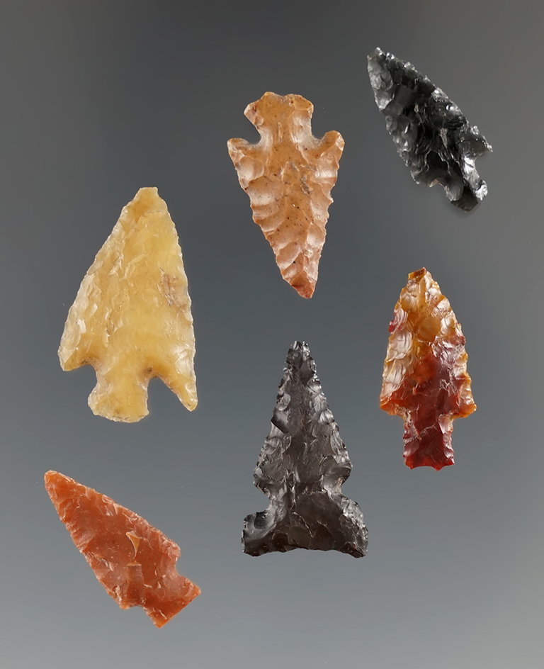 Set of six Columbia River arrowheads found near the John Day River in 1964. Largest is 15/16".