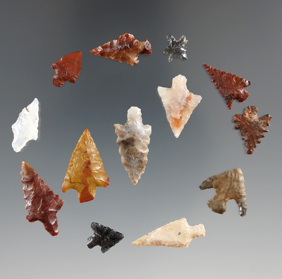 Set of 13 Gem points found near the Hood River Oregon, largest is 1".