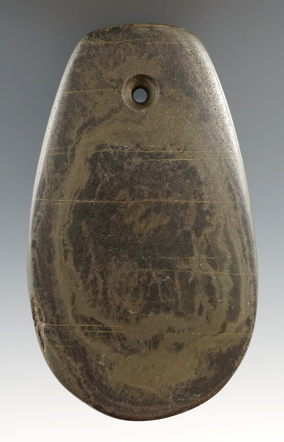 3 15/16" Adena Teardrop Pendant made from green and black Mottled Slate, Preble Co., Ohio.