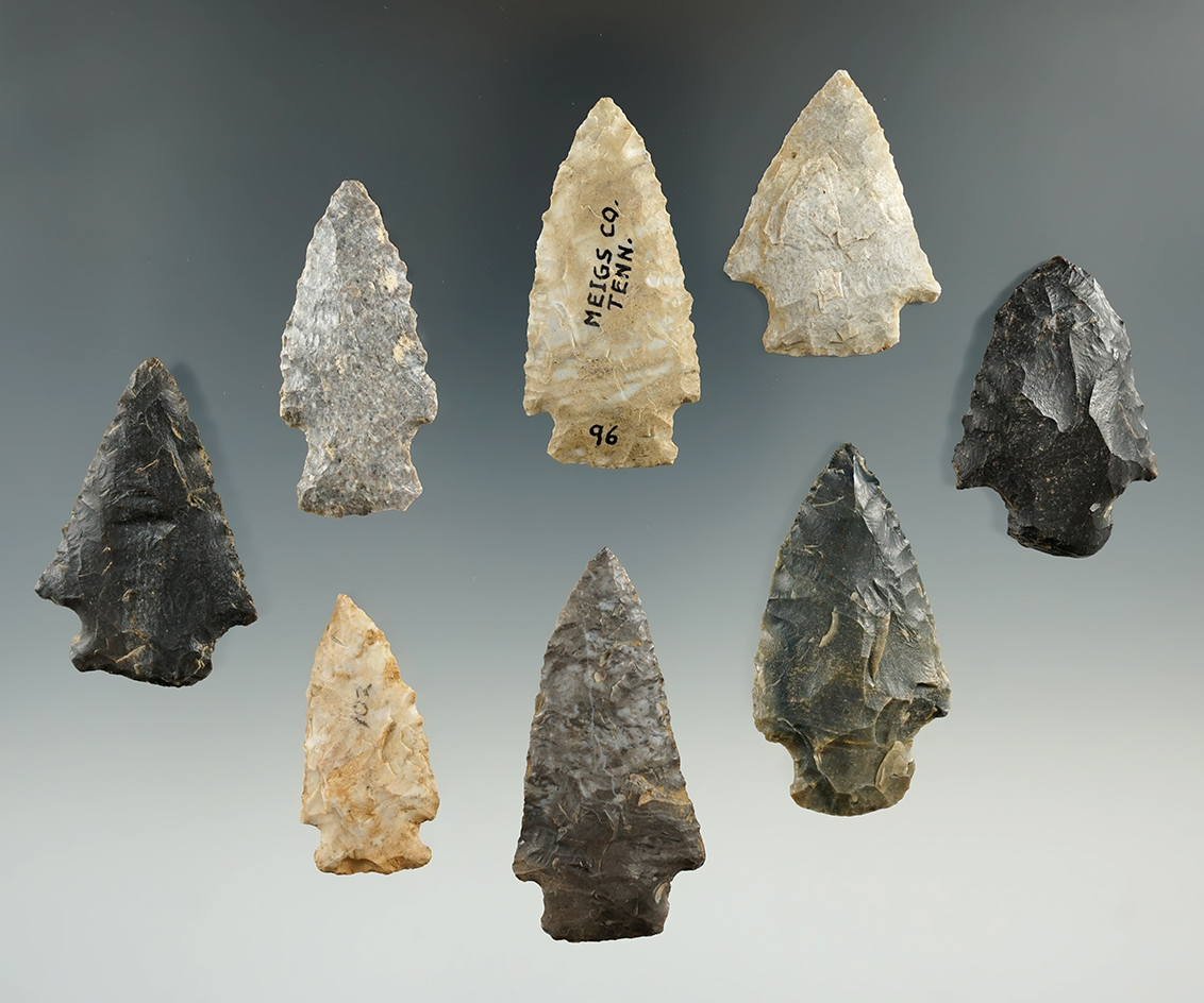 Set of eight assorted points found in Tennessee, largest is 2 1/16".