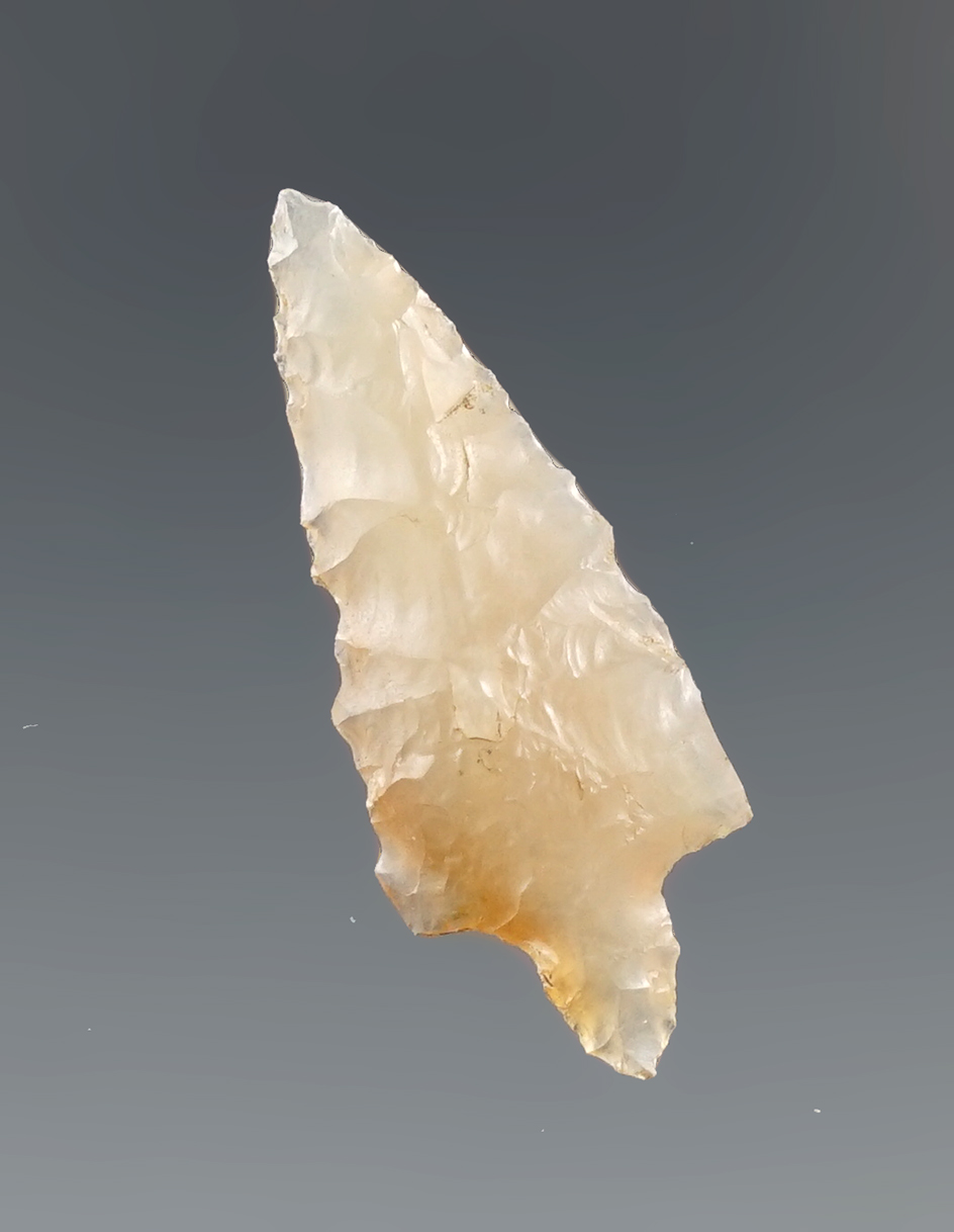 1 1/8" Rabbit Island arrow point made from attractive semi translucent chalcedony, Washington.