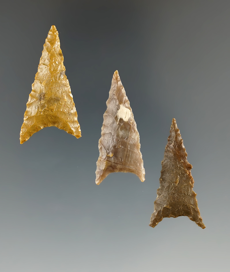 Set of three Gunther triangulars found in southern Oregon, largest is 1 7/16".