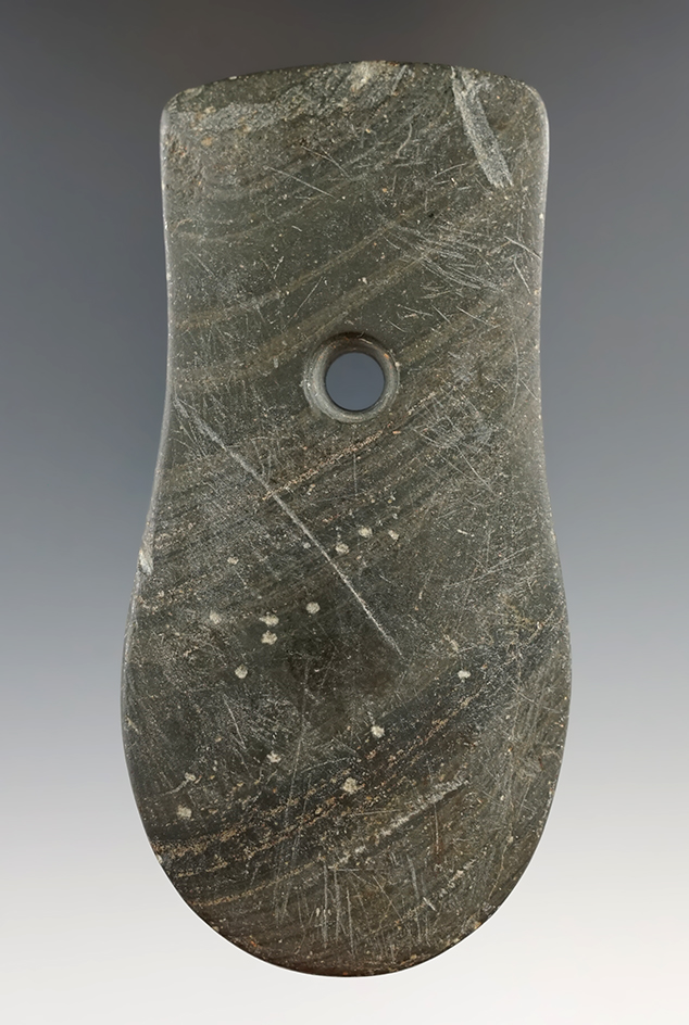 4 1/8" Adena Keyhole Pendant made from Banded Slate, found in Wood Co., Ohio. Partain COA.
