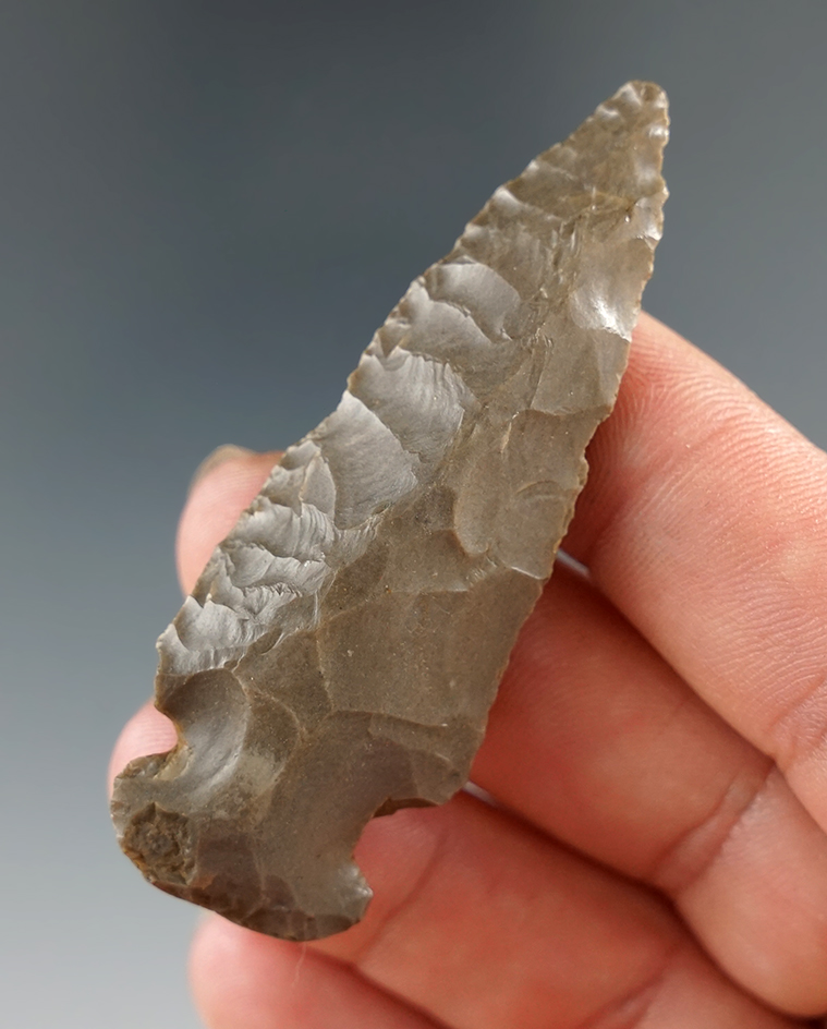 2 3/8" Deeply beveled Dovetail made from hornstone, several fire pops on surface found in Kentucky.