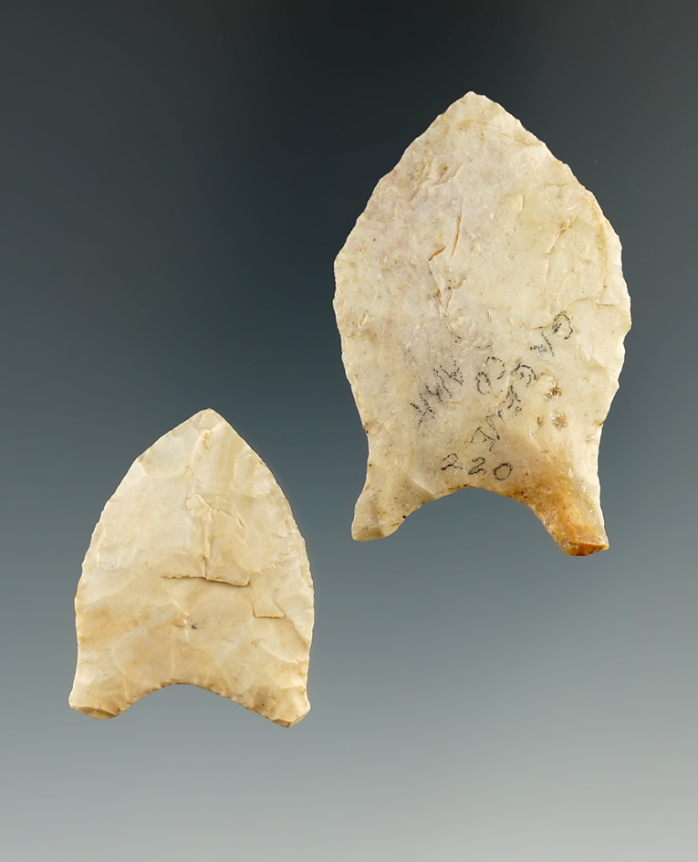 Nice pair! Two well styled Paleo quad points found in Arkansas and Tennessee. Largest is 1 13/16".