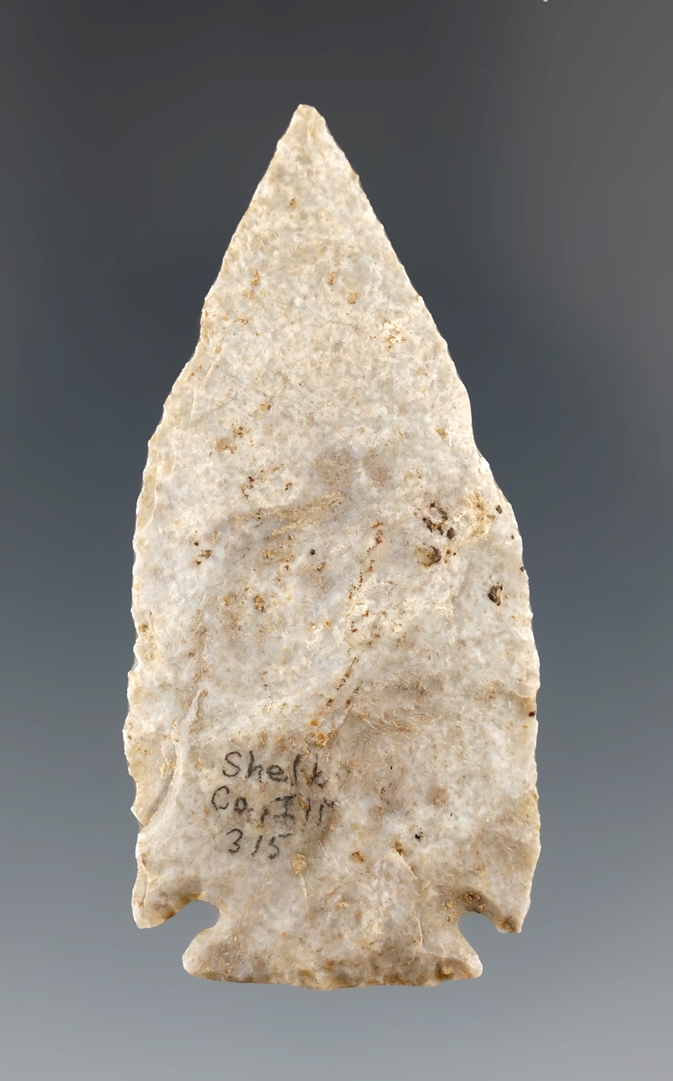 2 1/8" micro-notch found in Shelby Co., Illinois. Ex. Don Simmons collection.