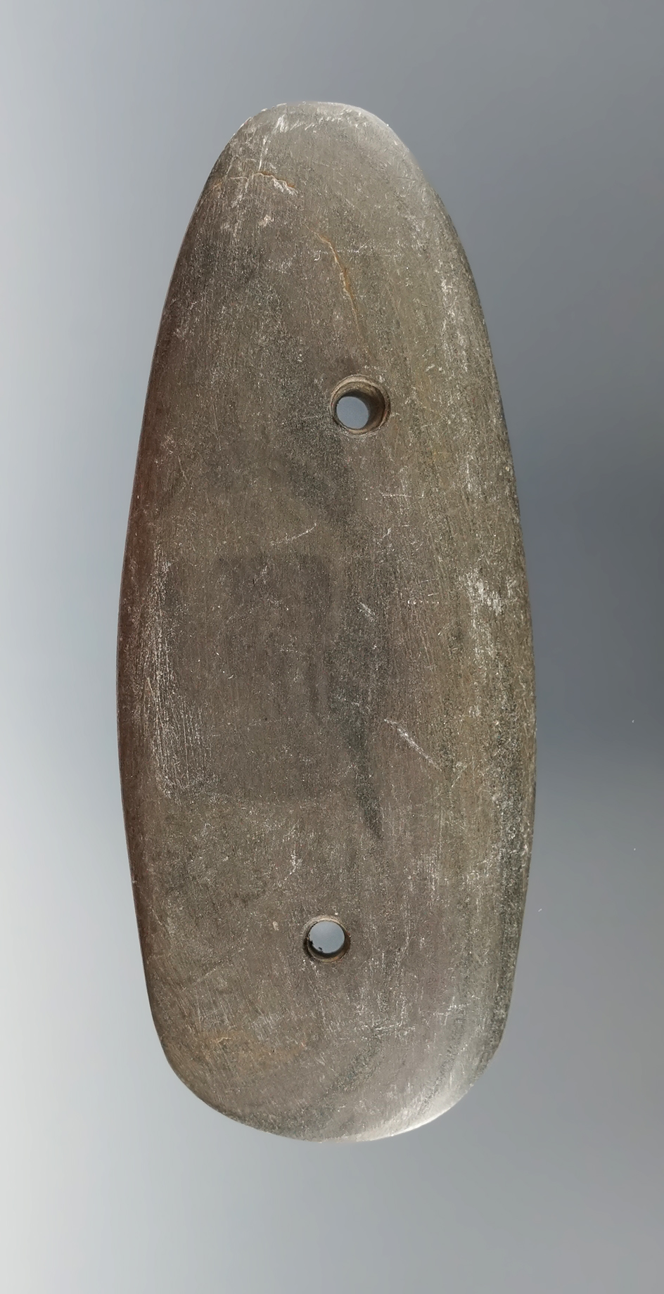 3 3/4" Glacial Kame Gorget made from Banded Slate, found in Adams Co., Ohio. Pictured WW#1.
