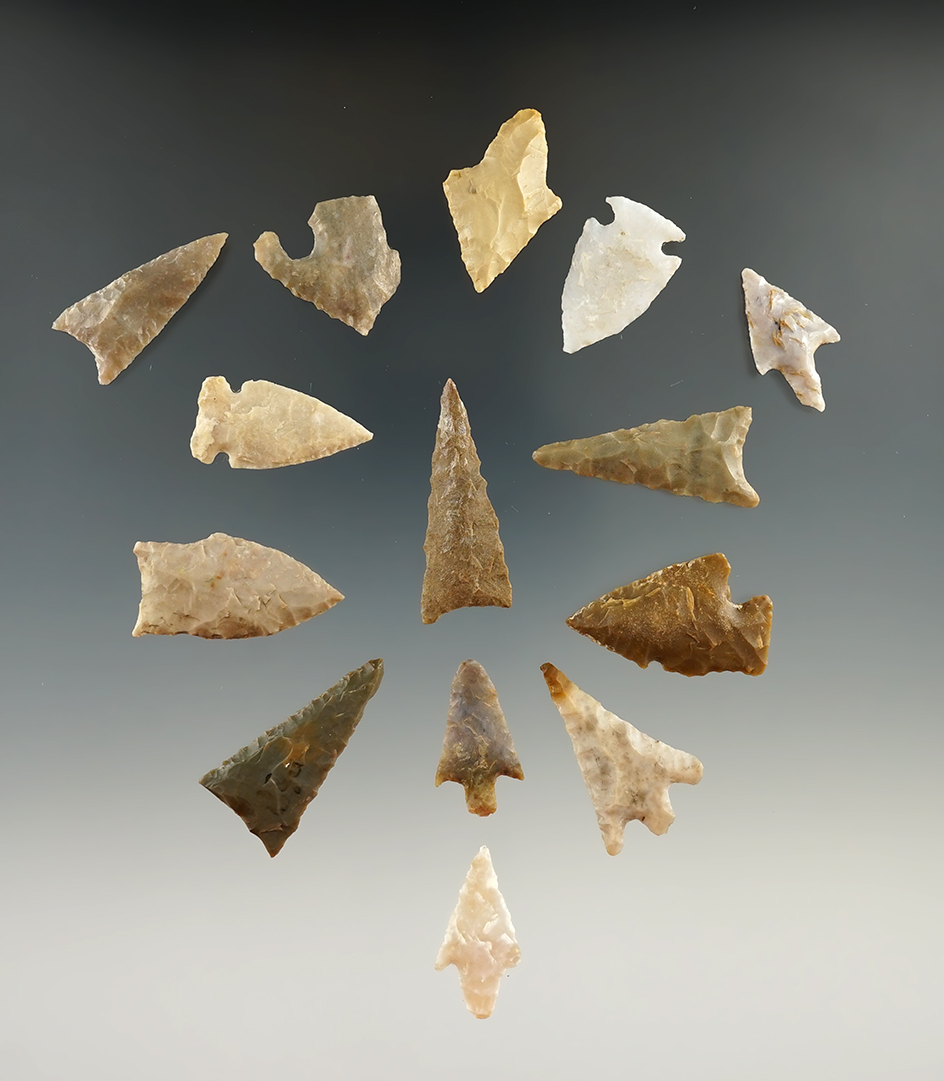 Set of 14 assorted Texas points, largest is 1 5/16".