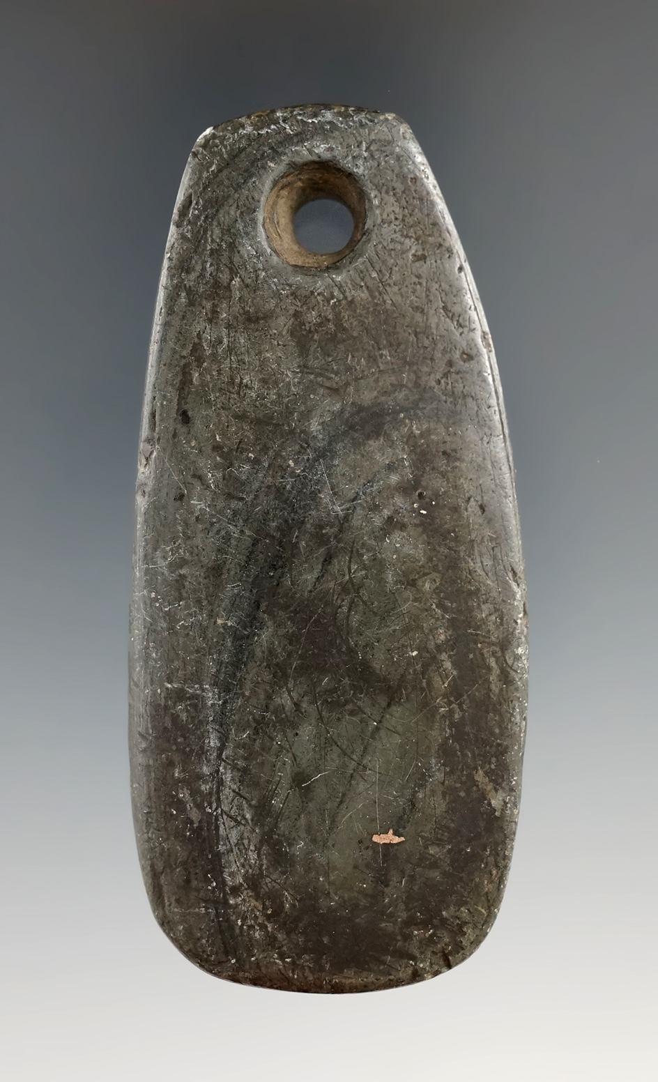 3 3/16" Hopewell Trapezoidal Pendant made from green and black Banded Slate, Pickaway Co., Ohio.