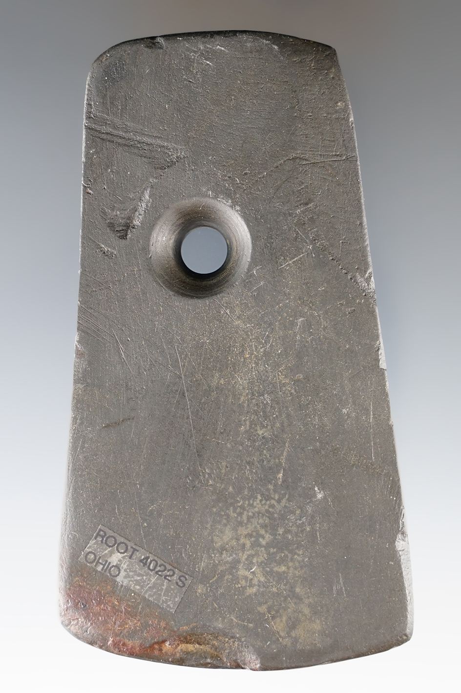 4 1/8" Adena Trapezoidal Pendant made from green and black Banded Slate, found in Ohio.