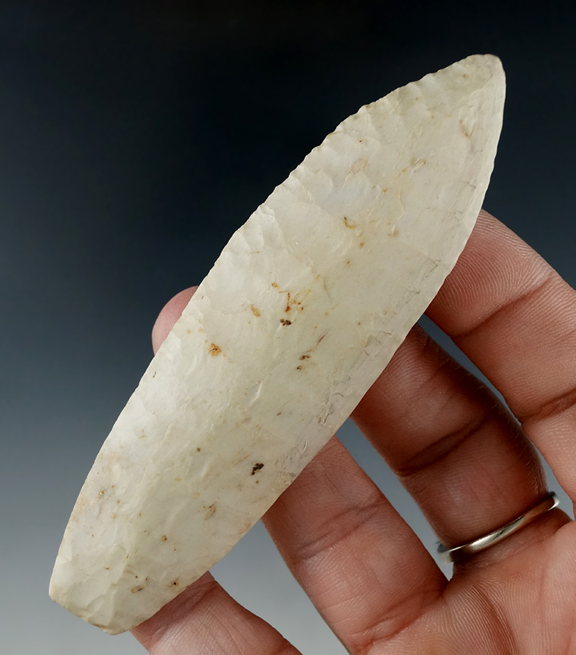 Exceptionally well flaked 3 3/4" agate basin with some restoration to one blade edge found in Fulton