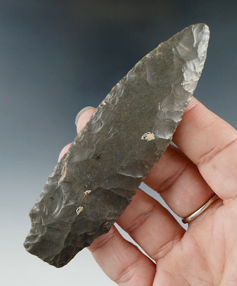 4" hornstone stemmed knife found in Spencer Co., Indiana. Ex. Santa Claus Museum, Richard Coulter.