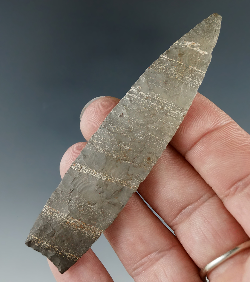 Nice! 3 1/4" Plainview with exceptional flaking and nicely ground lower edges found in Pike Co., Ill