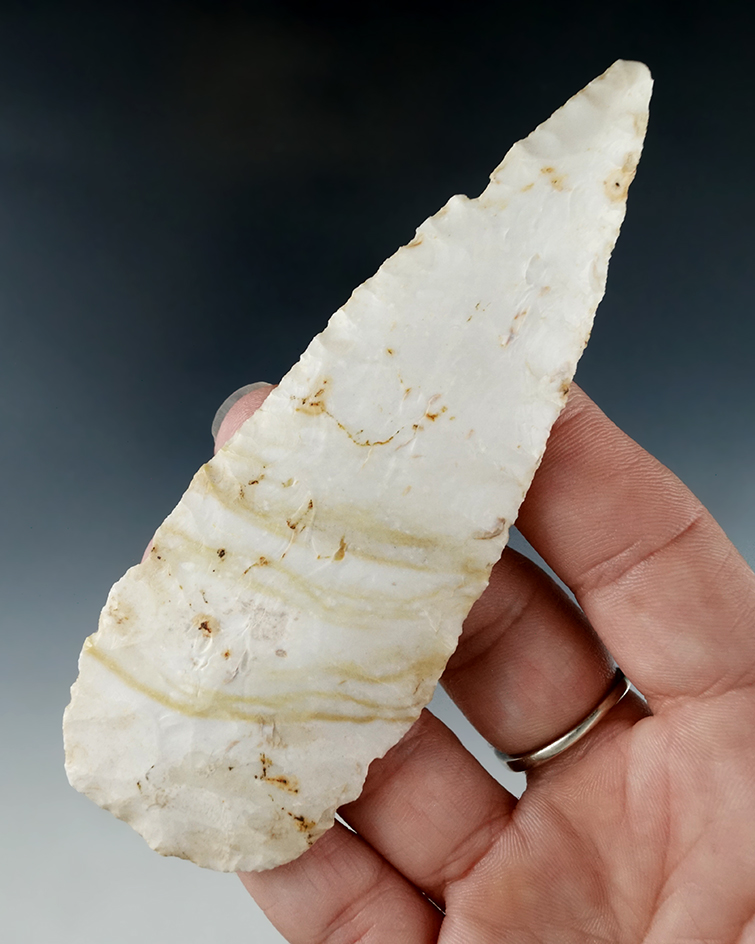 Nice mineral deposits on this 4 5/16" Flint blade found in St. Clair Co., Illinois.